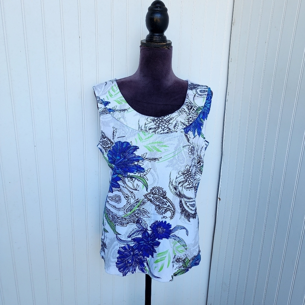 NWT Susan Lawrence Blue White Stretchy Floral Sleeveless Top Women's Cotton Sz L